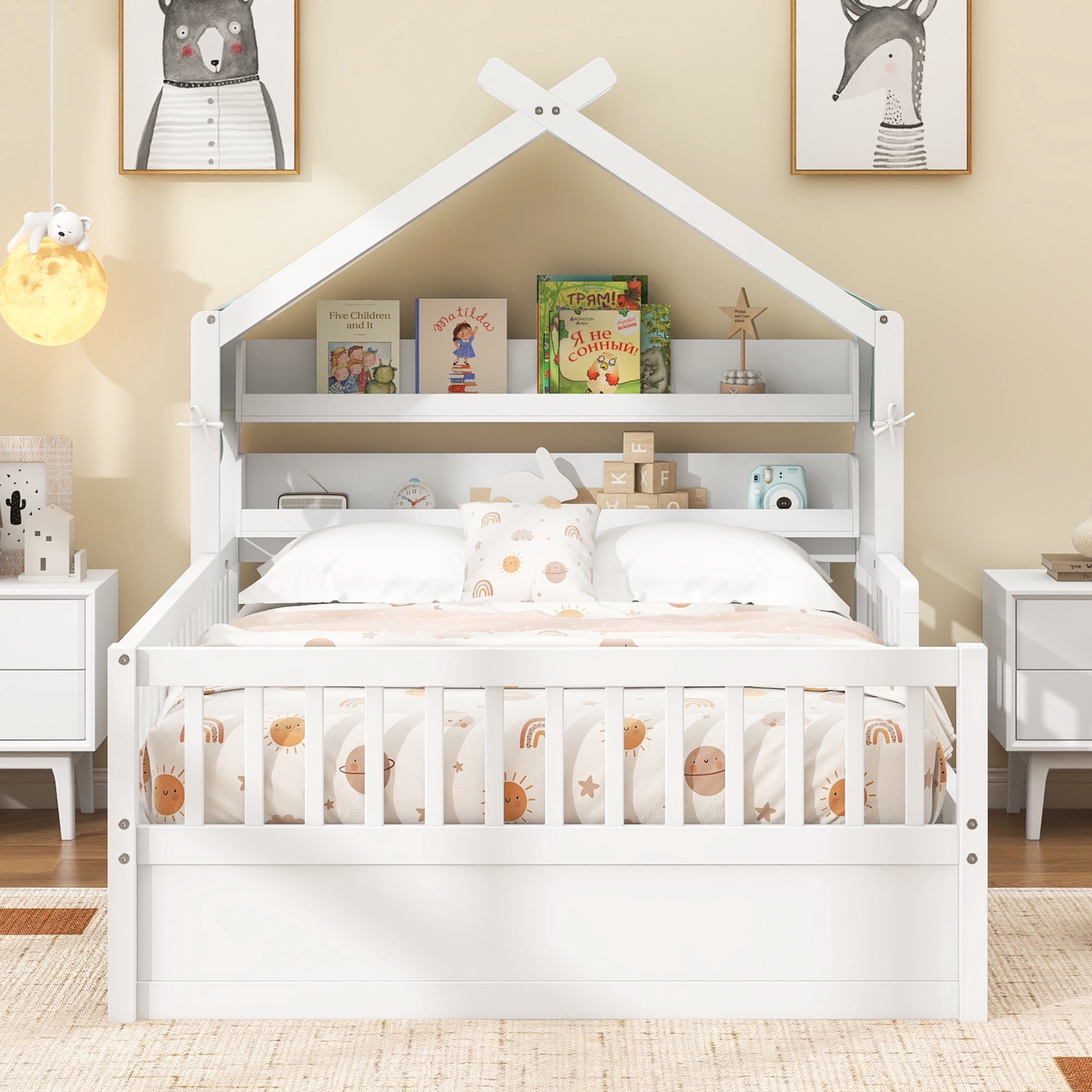 Noble House Full Size Wooden House Bed with Storage Headboard Shelf and Fabric Canopy, Playful Kid Rooms, White