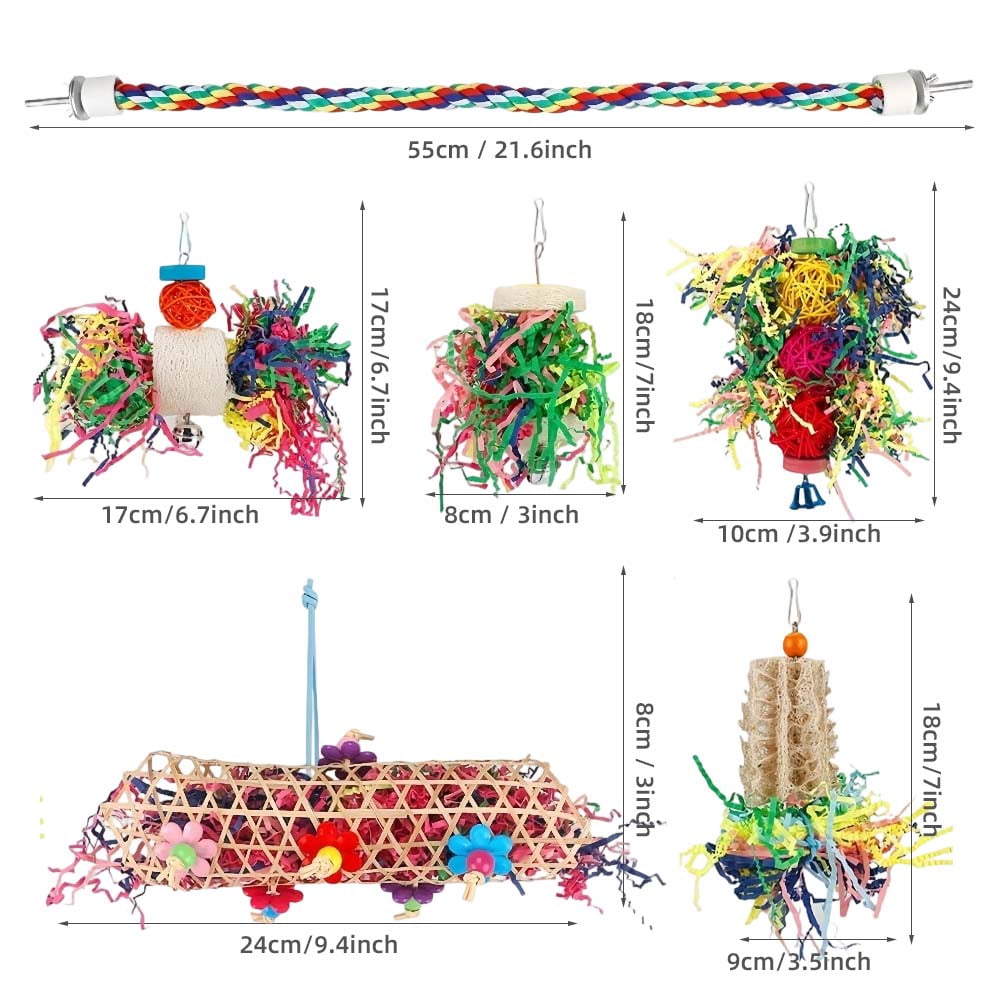 6 PCS Bird Toys - Foraging, Shredding & Hanging Toys, Shredding Parakeet Toys with Rope Perch