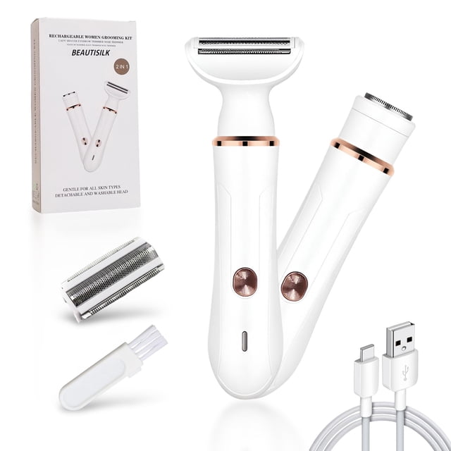 Afeitadora eléctrica para mujeres: Kit de depilación y depilación indoloro 2 en 1, uso en seco y húmedo, inalámbrica, recargable tipo C con recortador de vello facial, cabezal de afeitado de 3 hojas y