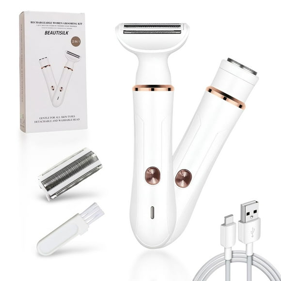 Afeitadora eléctrica para mujeres: Kit de depilación y depilación indoloro 2 en 1, uso en seco y húmedo, inalámbrica, recargable tipo C con recortador de vello facial, cabezal de afeitado de 3 hojas y