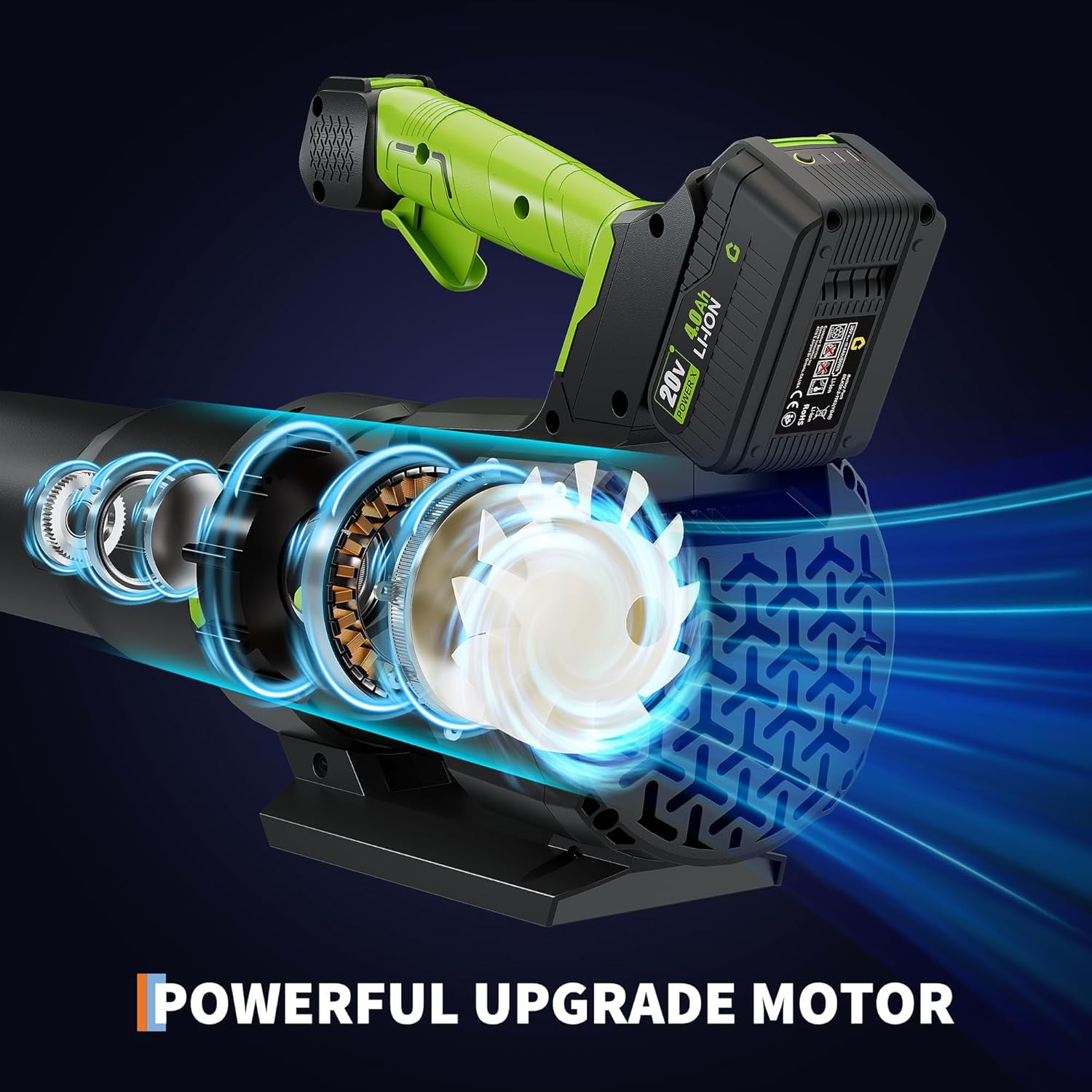 Acekid Black/Green 20V Cordless Leaf Blower, High-Power Brushless Motor, Lightweight Battery Powered Electric Blower for Lawn