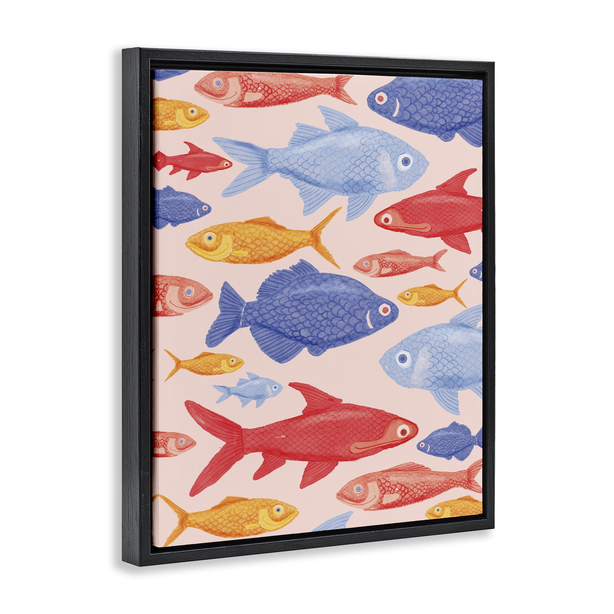 Stupell Industries Red Yellow and Blue Fish Black Framed Floater Canvas Wall Art, design by The Paper Curator