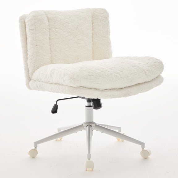 PORKISS Vanity Chair Makeup Chair, Home Office Chair, Ergonomic Desk Chair with Soft Faux Alpaca, Adjustable Swivel Task Computer Chair with Wheels, Cream