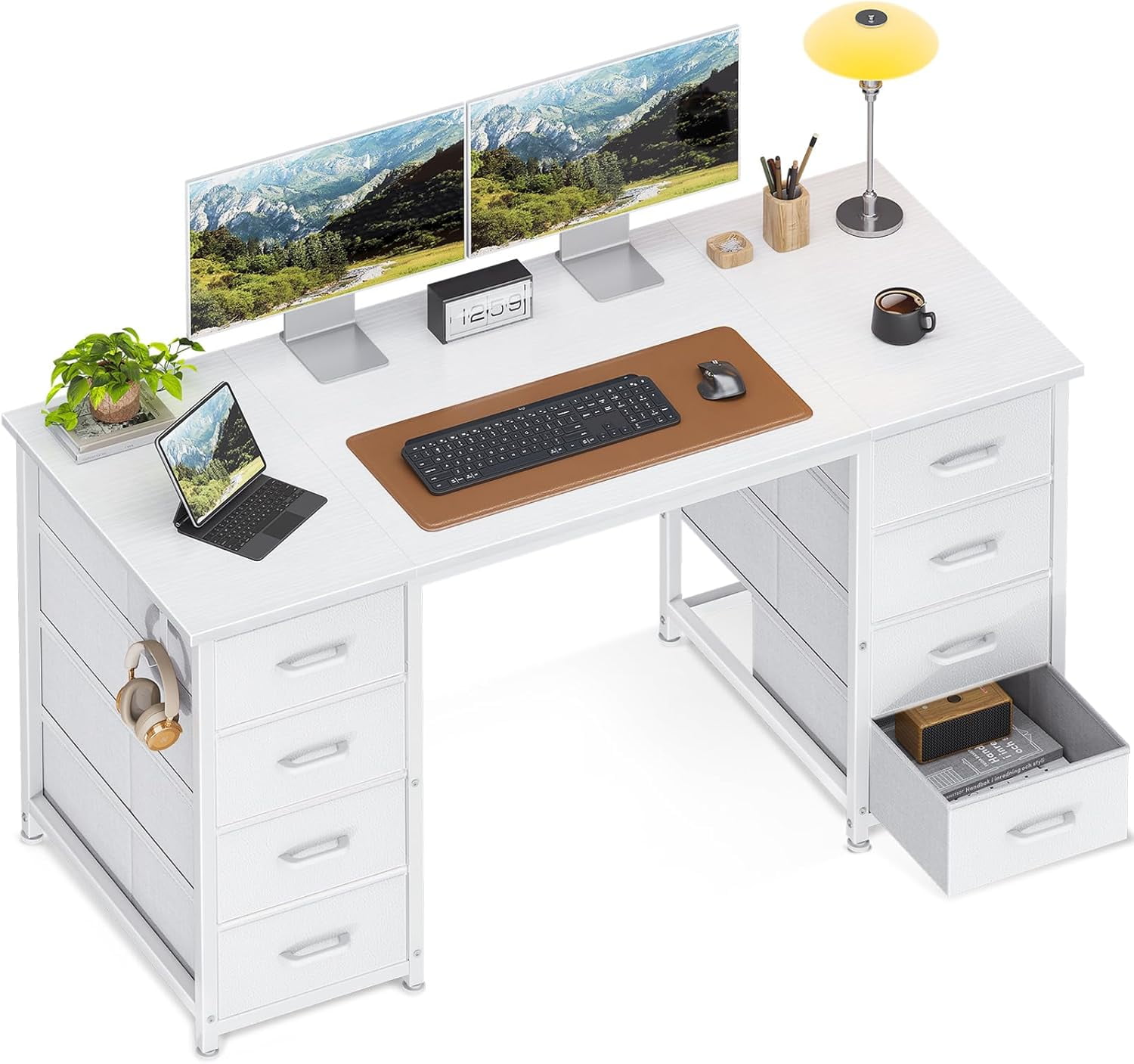 ZYPPP 55 Inch Computer Desk with 8 Fabric Drawers, Modern Office Desk with Large Storage for Home Office, Study, Gaming, White