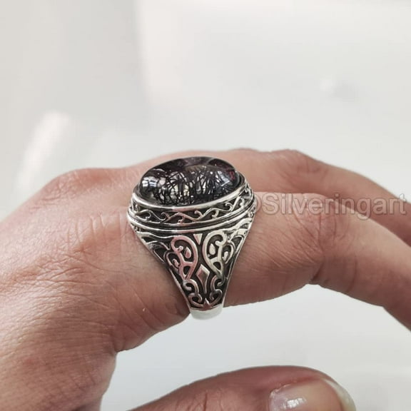 Black Rutile Mans Ring, Natural Black Rutilated Quartz, Quartz Silver Jewelry, 925 Silver Ring, Gift, Heavy Mens Ring, Arabic Design, Ottoman Style Ring, Christmas, Turkey Mens Signet Ring