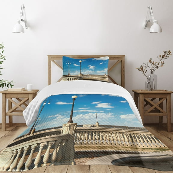 Ambesonne Italian Quilted Bedspread Set 2 Pcs, Mascagni Livorno Street, Twin Size, Sky Blue White and Black