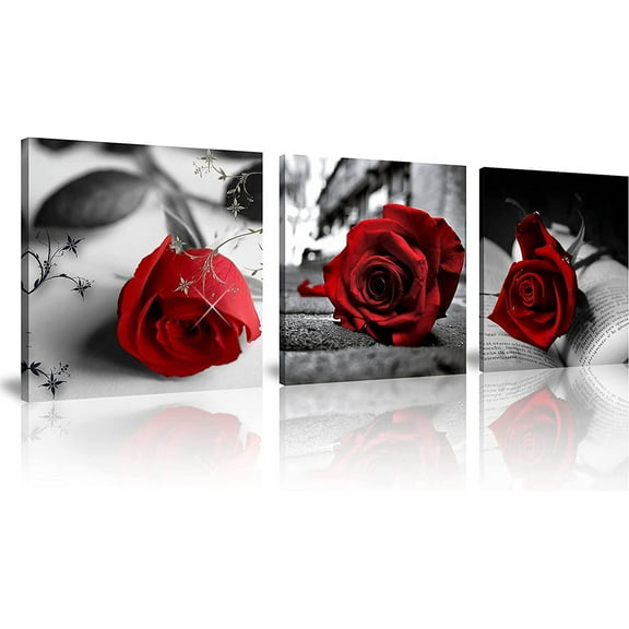 Canvas Print 3 Pcs Black and White Red Rose Canvas Art Painting Abstract Wall Art Decorations Flower Picture on Canvas for Home Decor Stretched and Framed (16X16inchX3pcs, A-Rose)