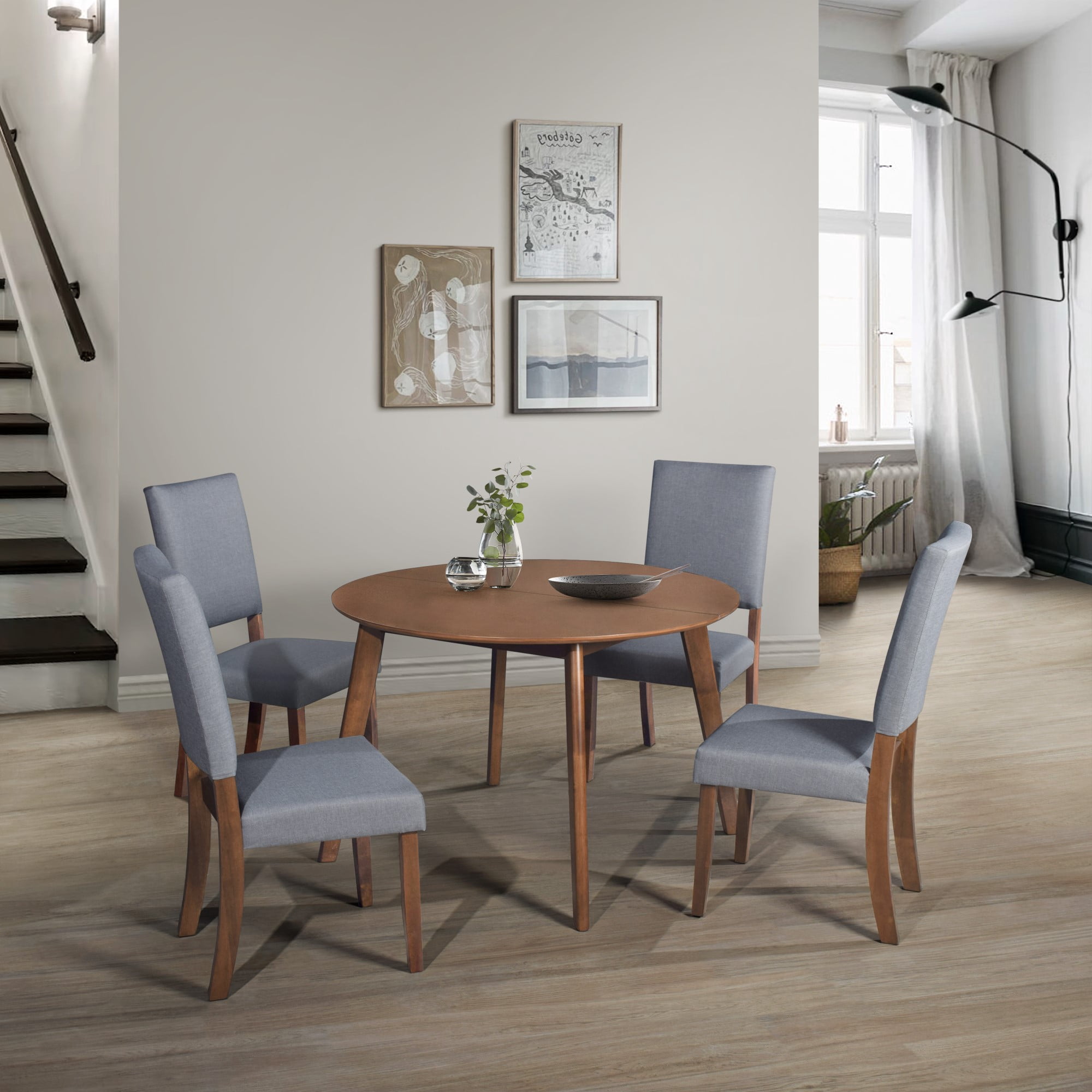 Home Design Laurel 5-Piece Dining Set with Round Split-Top Table and Linen-Upholstered Cushioned Chairs, Tapered Legs, Flared Back, Modern-Traditional Style, Brown/Gray