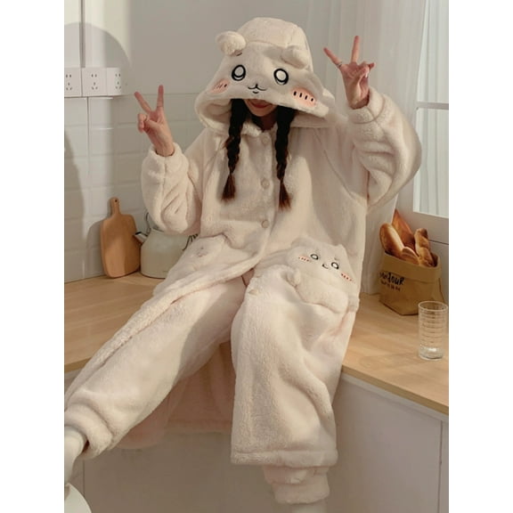 Chiikawa Coral Velvet Pajama Women'S Autumn And Winter New Cute Hooded Plush Pajama Sleeping Pants Home Sets