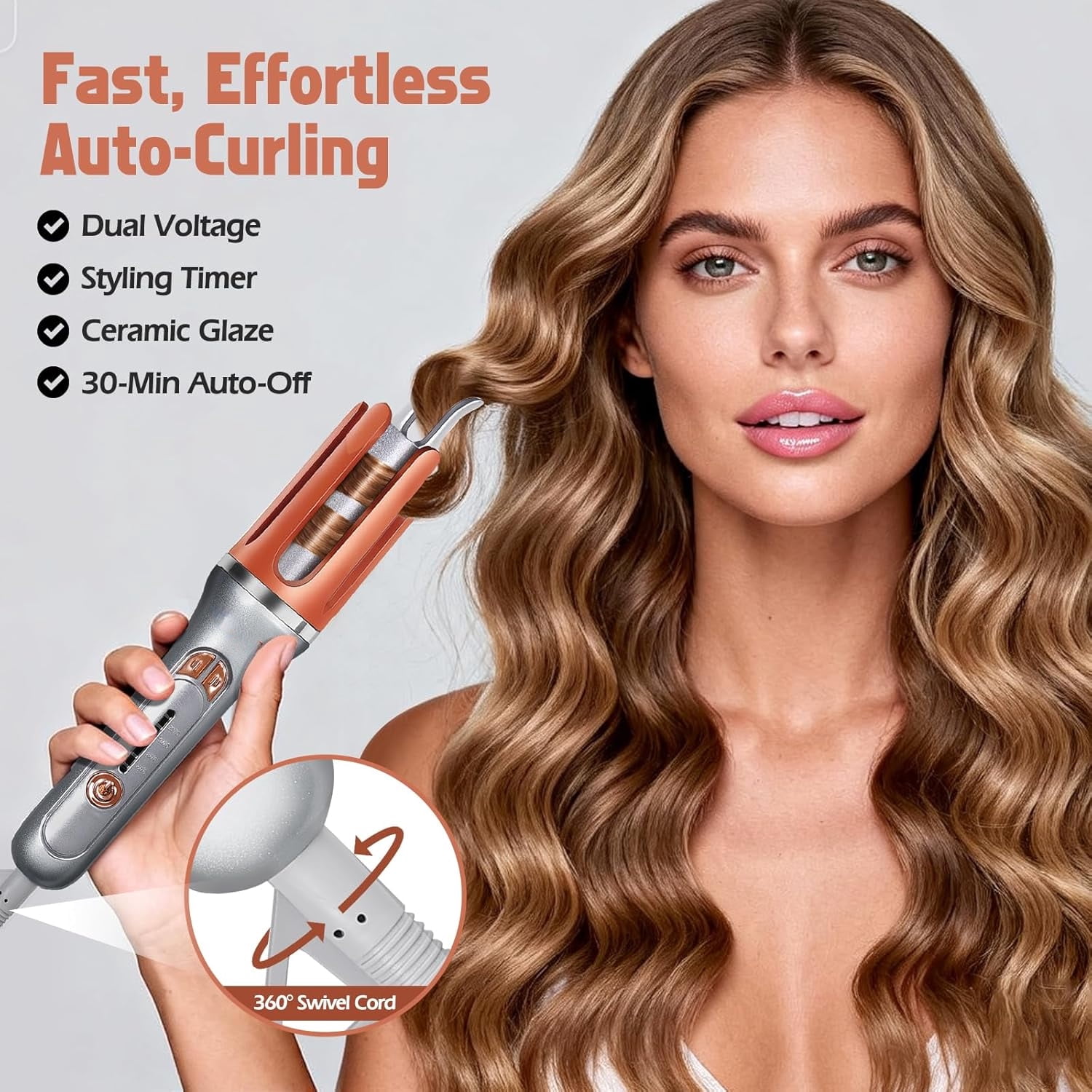 Scheri Automatic Rotating Curling Iron, 1.25 Inch - 4 Temp, Fast Heating, 2-Way Rotation, Anti-Scald & Tangle-Free, 30Min Auto Shut-Off, Dual Voltage for Travel, for All Hair Types & Beginners