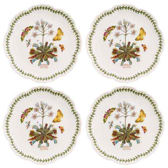 Portmeirion Botanic Garden Lotus Salad Plates, Set of 4 - Scalloped Rim, Butterflies Motif , 8.8" Floral Dinnerware Porcelain Dishes for Hosting, Entertainment