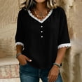 thumbnail image 3 of Otntypg Womens Linen Tops Elbow Length Sleeve Lace Trim Button V Neck T-shirt Dressy Casual Work Blouses Summer Outfits Beach Vacation Tunic Tees Shirt Black XL, 3 of 7