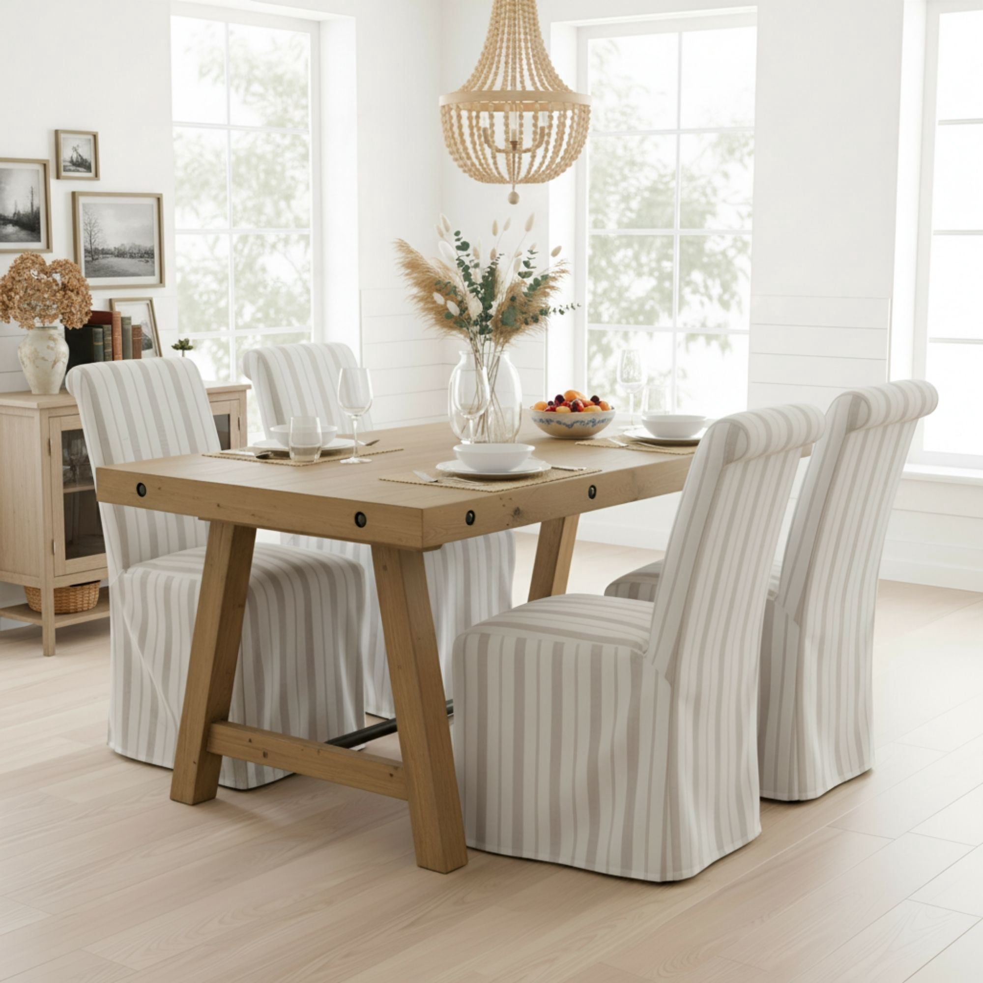 Dayalane Slipcovered Parsons Dining Chairs Set of 2, Modern Farmhouse High Back Linen Upholstered Chair with Removable Skirted, Classic Wooden Side Kitchen Chairs for Dining Living Room, Khaki Stripe