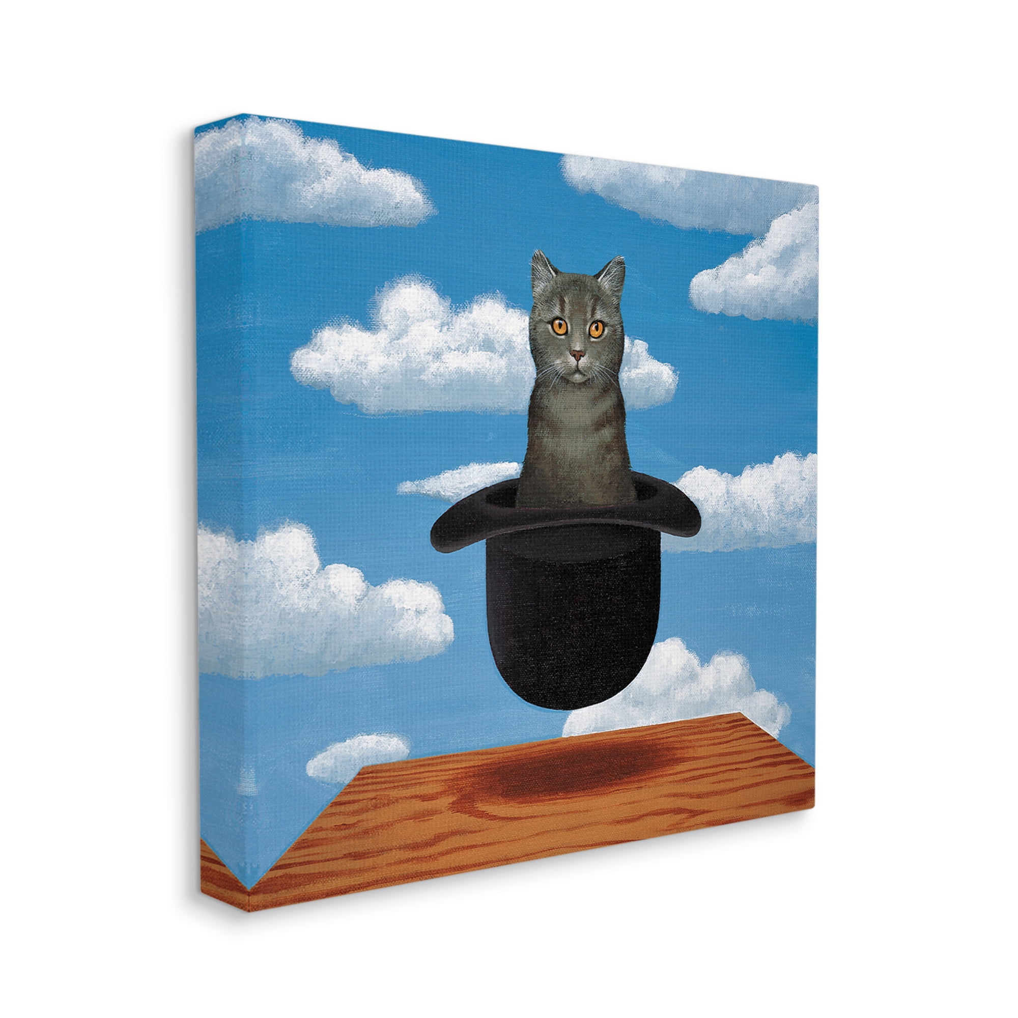 Surreal Grey Cat Floating Hat Cloudy Sky Animals & Insects Painting Gallery-Wrapped Canvas Print Wall Art