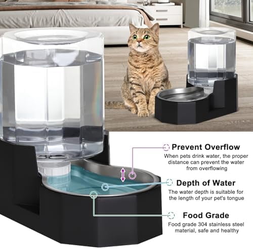 Large Dog Water Dispenser: 5L Automatic Gravity Water Feeder - Dishwasher-Safe Stainless Steel Bowl - Easy Clean - No Power Needed - for Cats & Small Dogs - Kitchen Corner/Crate Area