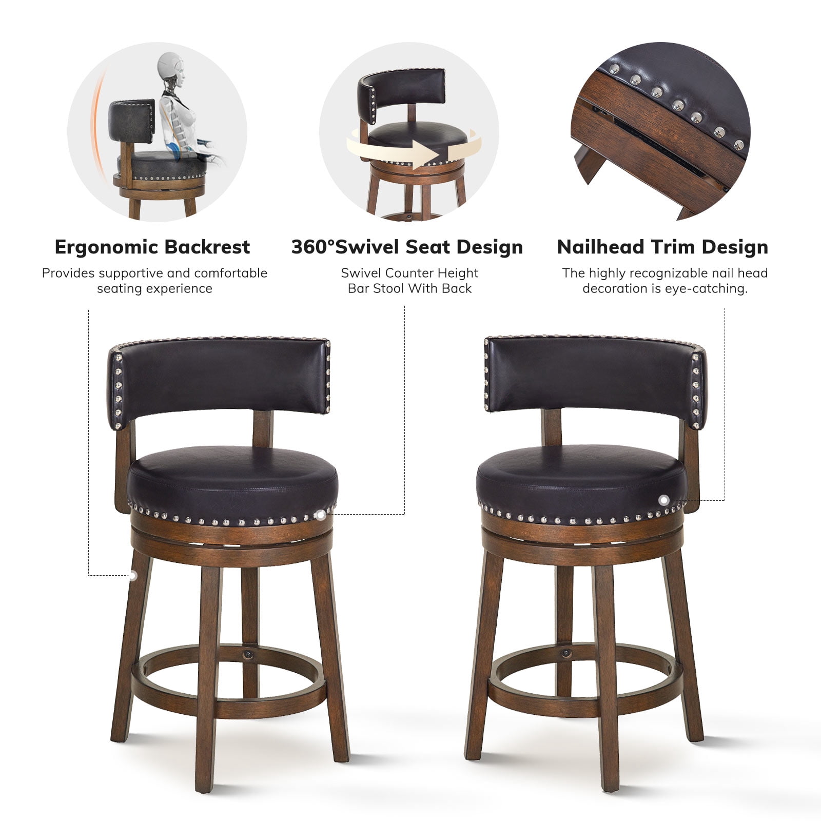 AFO Upholstered Swivel Bar Stool Set of 4 with Back - 24 Inch Counter Height Chair for Kitchen Island, Dark Brown