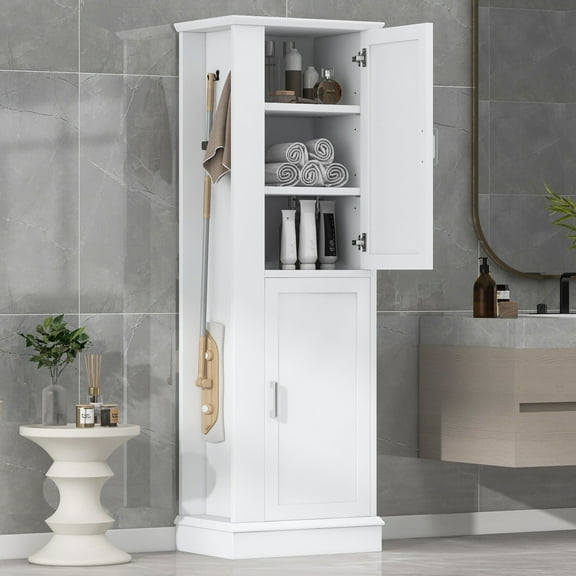 65″ Tall Bathroom Storage Cabinet, Wooden Floor Cabinet, Freestanding Storage Organizer with Adjustable Shelves & Hook, for Bathroom, Kitchen, Living Room, White
