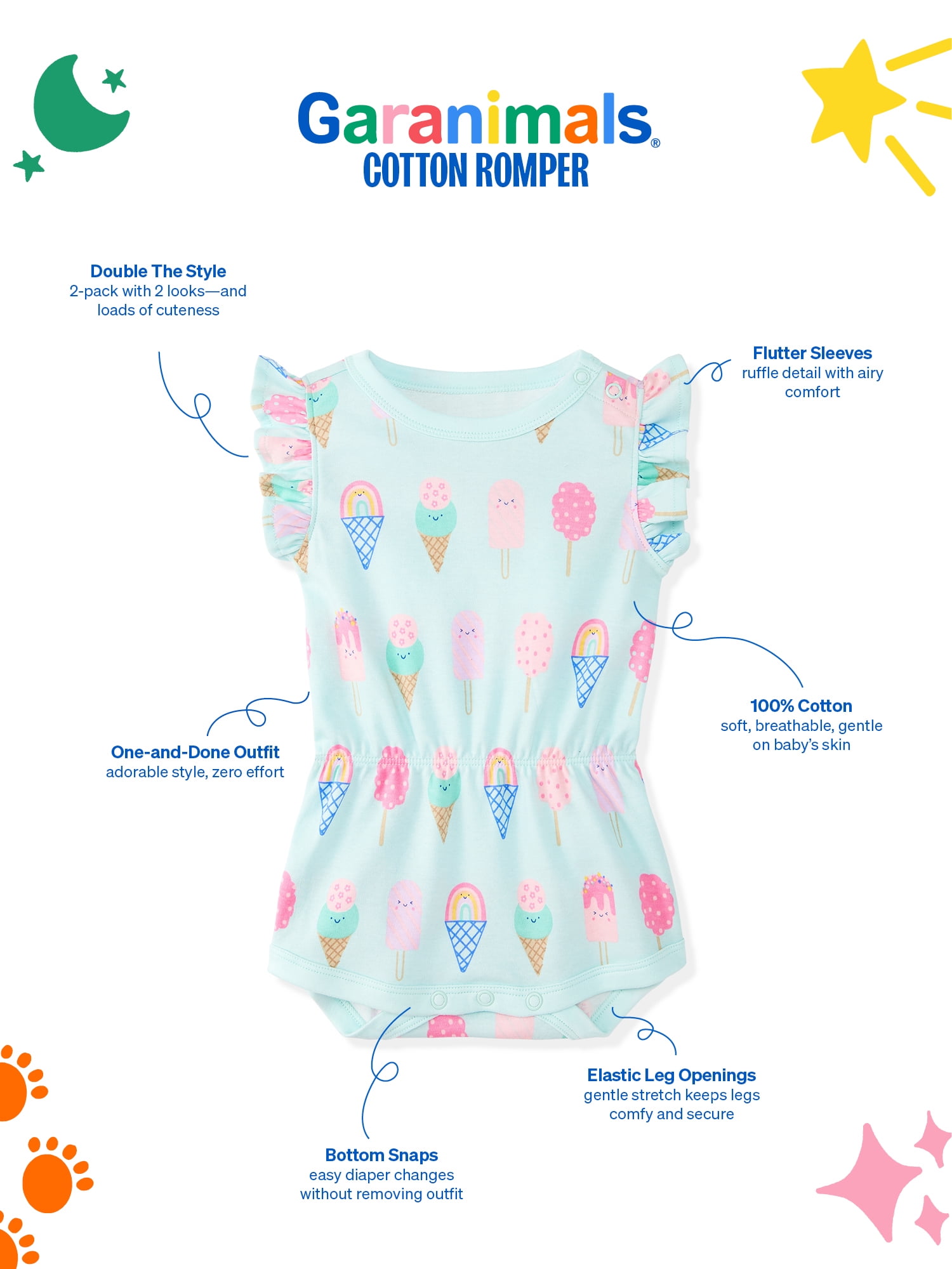 Garanimals Baby Girl Rompers 100% Cotton Flutter Sleeve 2-Pack Sizes 0-24M