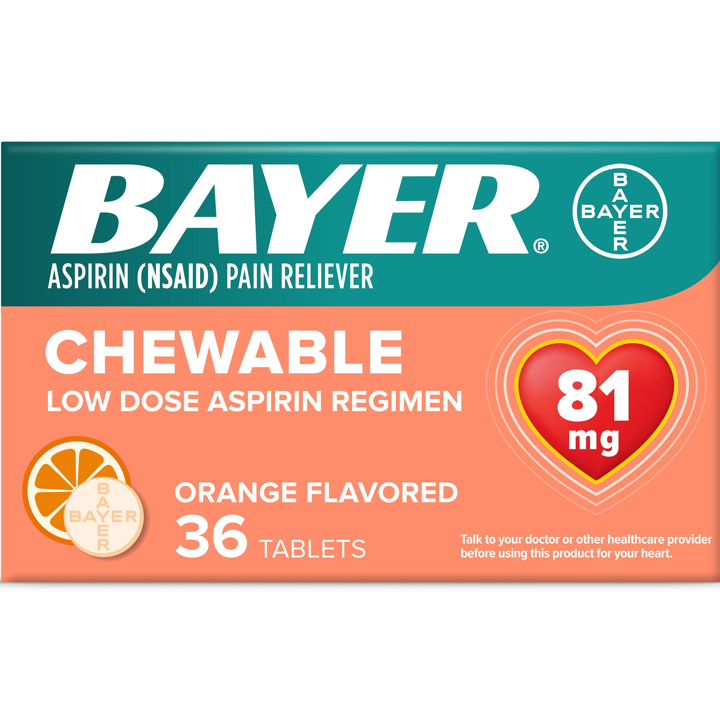 Bayer Low Dose Chewable 81mg Aspirin Tablets, Orange, 36 Count