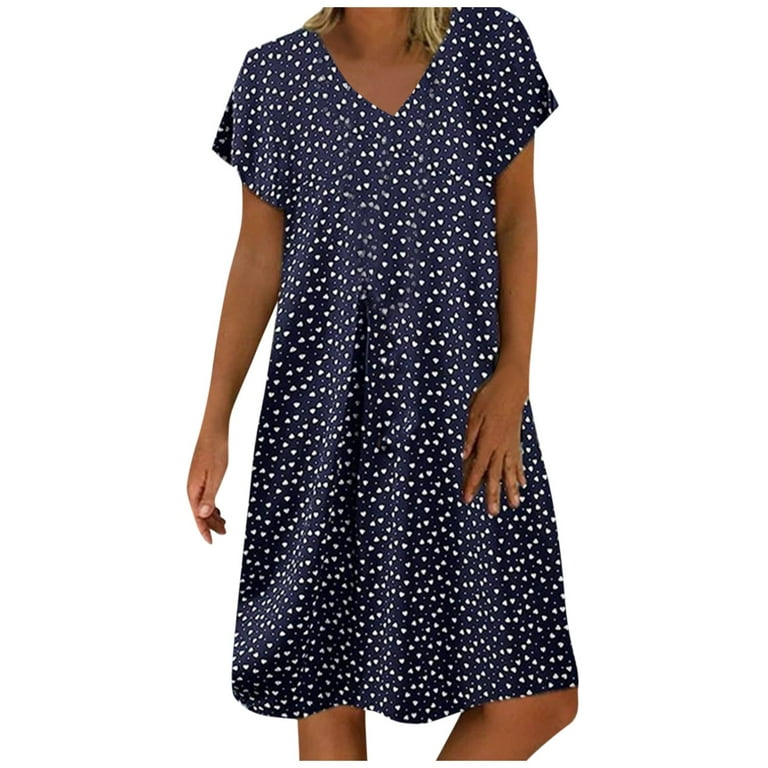 BEEYASO Clearance Summer Dresses for Women Short Sleeve Knee Length Hot  Sales Polka Dot A-Line V-Neck Dress (Buy 2 Get 1 Free ) Dark Blue L 