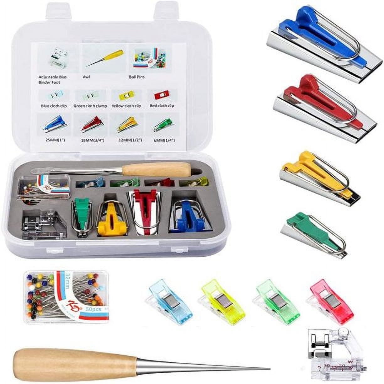 Madam Sew Bias Tape Maker Kit – Adjustable Binding Presser Foot, 4 Bias Tape Makers, Quilt Awl and Bead Head Pins – Low Shank Sewing and Quilting Machines