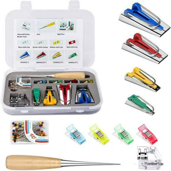 Madam Sew Bias Tape Maker Kit – Adjustable Binding Presser Foot, 4 Bias Tape Makers, Quilt Awl and Bead Head Pins – Low Shank Sewing and Quilting Machines