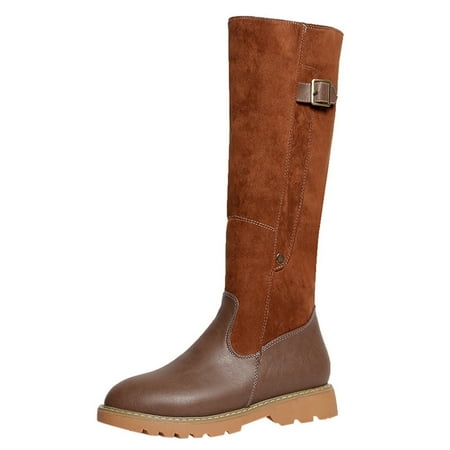 

Women Square Heel Zipper Leather Boots Keep Warm Snow Boots Round Toe Shoes