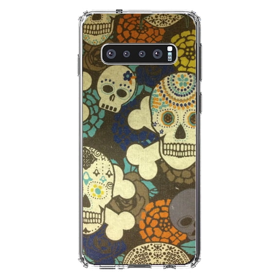 DistinctInk Clear Shockproof Hybrid Case for Samsung Galaxy S10 (6.1" Screen) - TPU Bumper, Acrylic Back, Tempered Glass Screen Protector - Sugar Skulls Green Orange