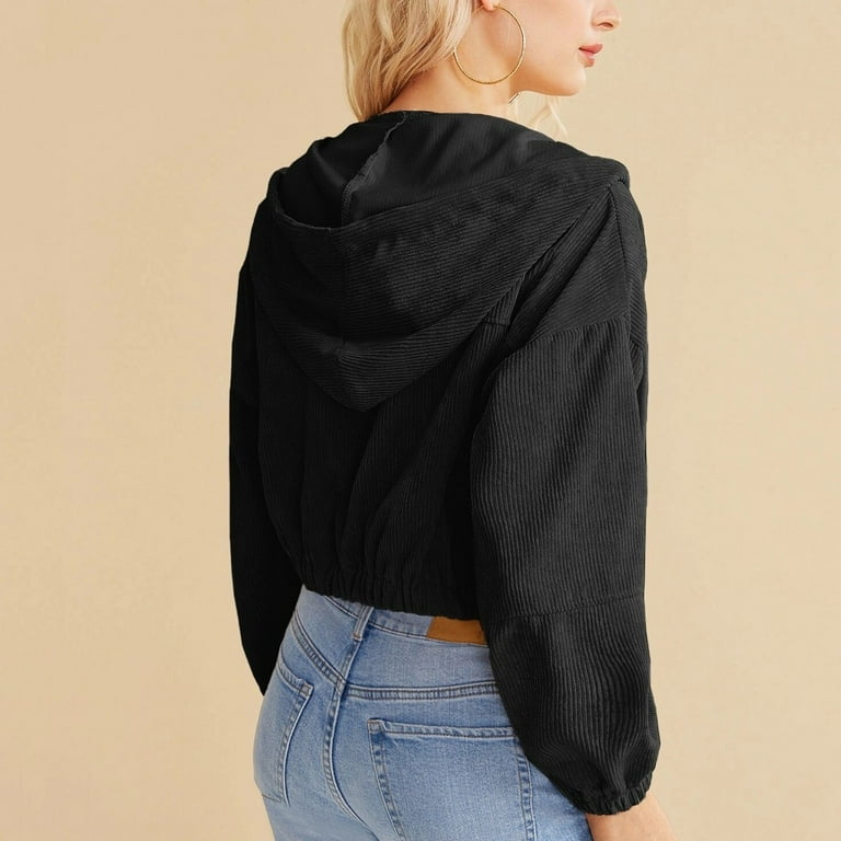 XMMSWDLA Women Zip Up Corduroy Jacket, Long Sleeve Cropped