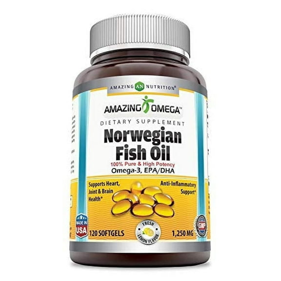 Amazing Omega Norwegian Fish Oil 1250mg Per Serving 120 Softgels Supplement | Fresh Lemon Flavor | Non-GMO | Gluten Free |