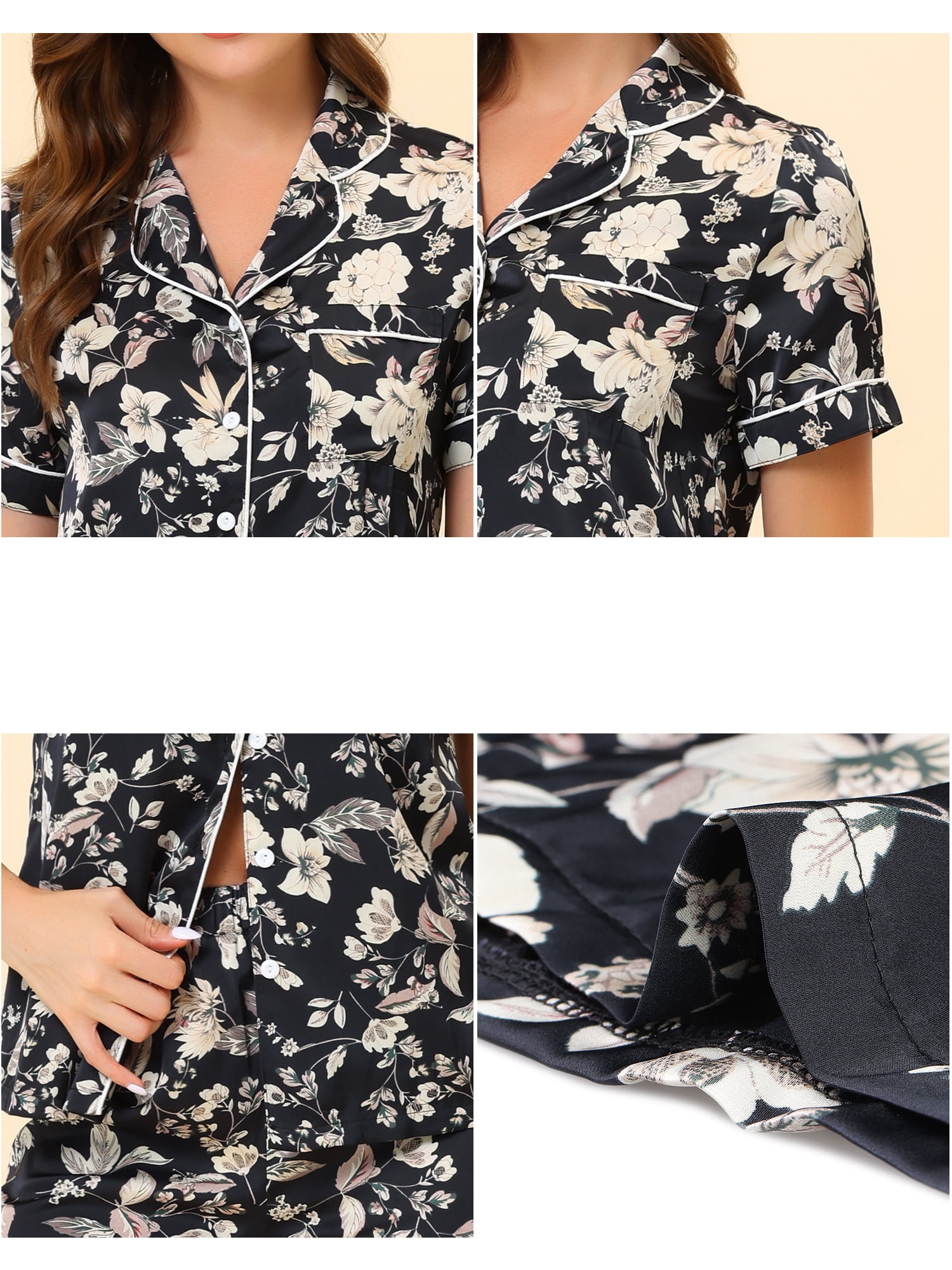 Unique Bargains Women's Pajama Set Silk Short Sleeves and Pants Floral Satin Sets