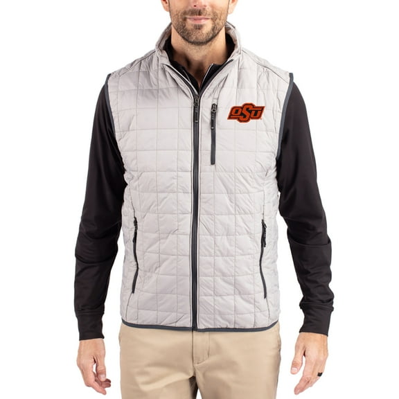 Men's-Cutter & Buck  Gray Oklahoma State Cowboys Rainier Eco Insulated PrimaLoft Full-Zip Puffer Vest