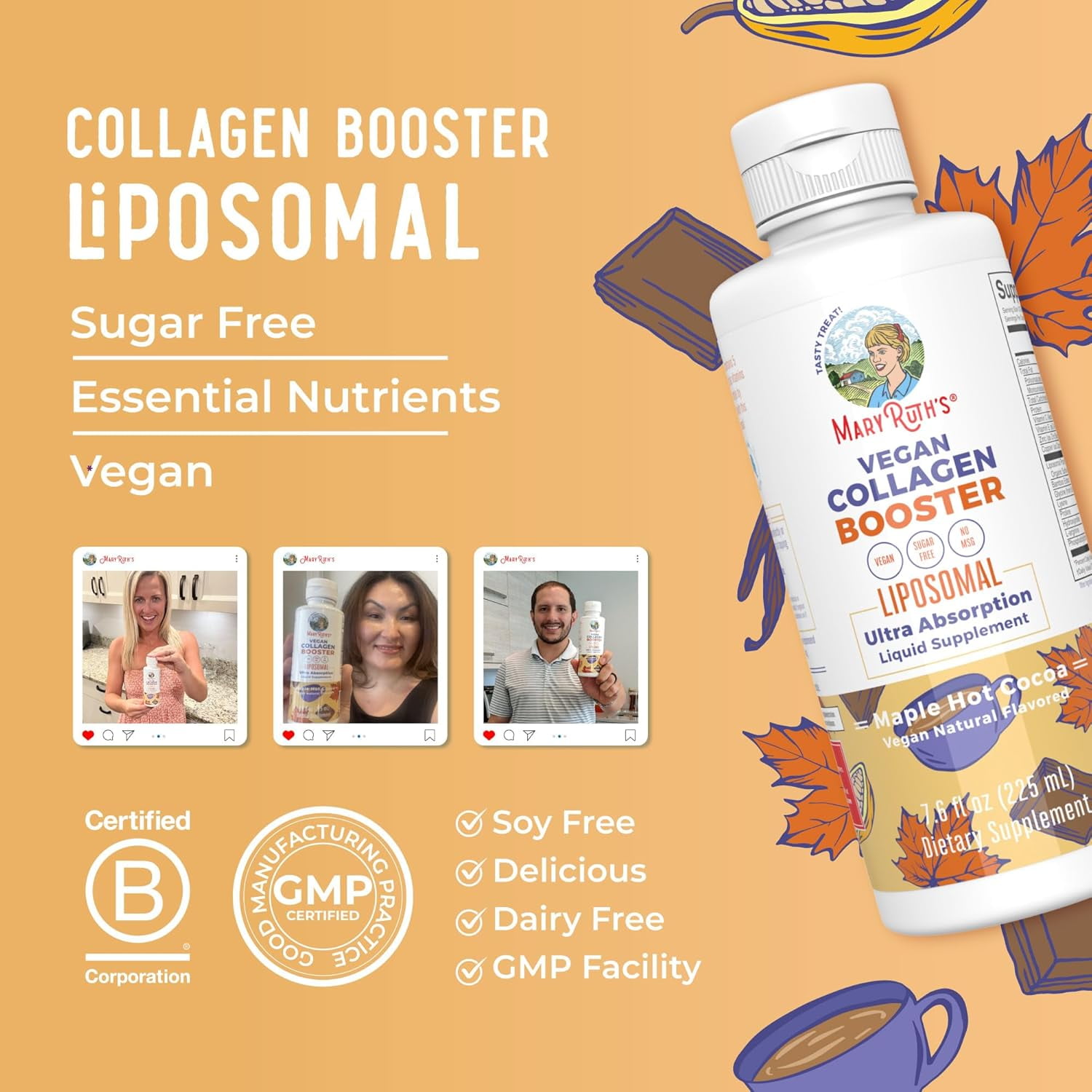 MaryRuth's Collagen Booster Liposomal Vitamin C, E, Zinc, Copper, Maple Hot Cocoa Flavor, Vegan, Adults, Unisex, 1-Count, 7.6 fl oz (225 mL)