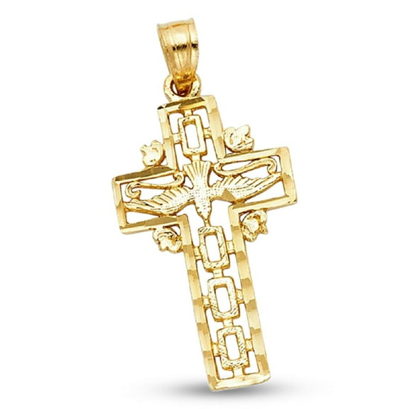 14k Yellow Gold Religious Cross With Holy Spirit Dove Pendant Genuine Christian Polished Charm Solid Design New 25 mm x 11 mm