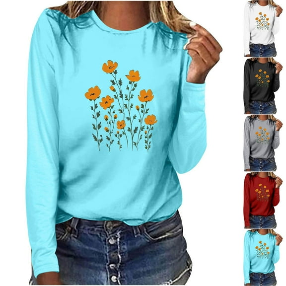 WRKEKC Casual Tops for Womens, Summer T-Shirts for Women, Women's Casual Trendy Long Sleeve Crewneck Pullover Round Neck Printing T-Shirt