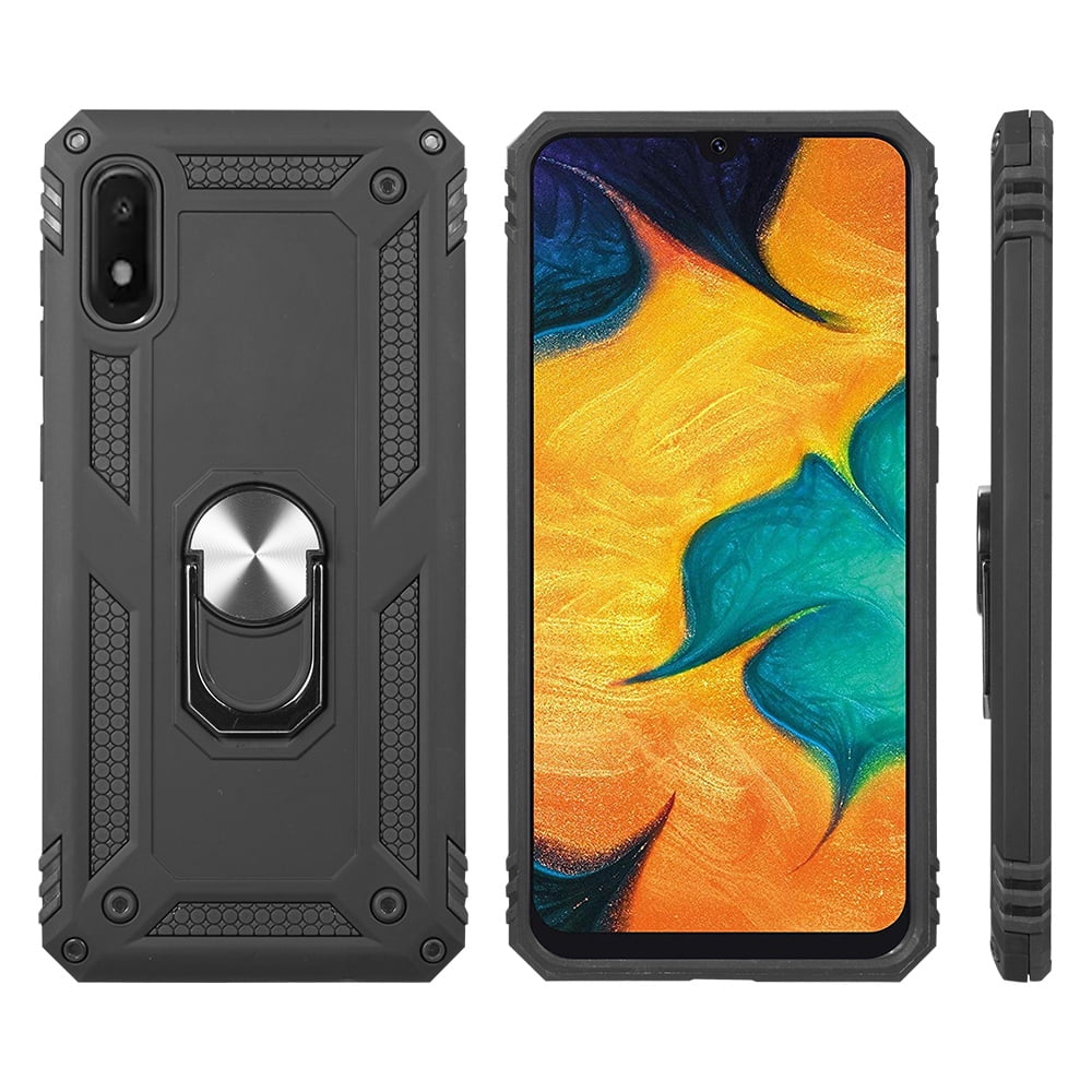 Rubberized Hybrid Case Designed For Samsung Galaxy A10e With Rotatable Kickstand Ring - Black