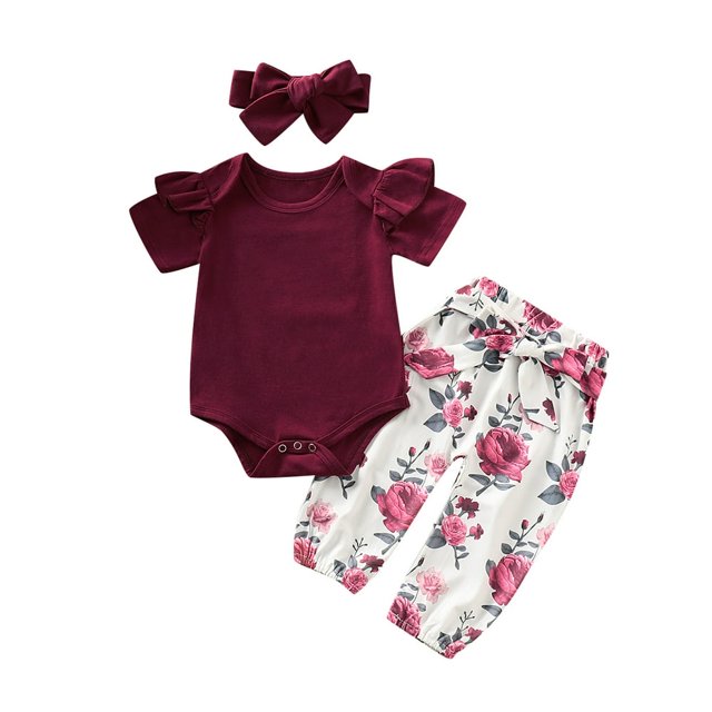 Baby Girl Short Sleeve Romper +Halen Pants +Headband Clothes Set
