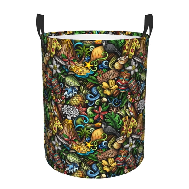 Balery Hawaiian Culture Symbols Cesta de ropa redonda con asas, impermeable, independiente, para ropa, juguetes, dormitorio y familia-Small