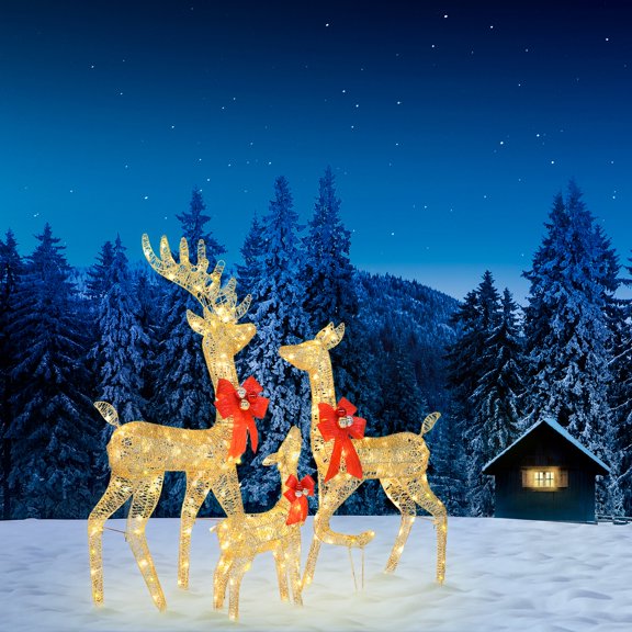 iCapeson 3-Piece Lighted Christmas Deer Family Outdoor Decor, Golden LED Reindeer Yard Decoration with 270 Warm White Lights, Includes US Adapter & Stakes