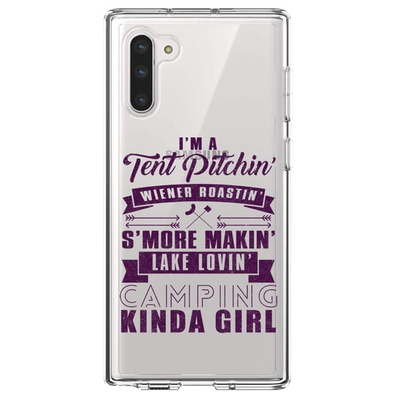DistinctInk Clear Shockproof Hybrid Case for Samsung Galaxy Note 10 (6.3" Screen) - TPU Bumper Acrylic Back Tempered Glass Screen Protector - Tent Pitchin Weiner Roastin S'More Camping Girl