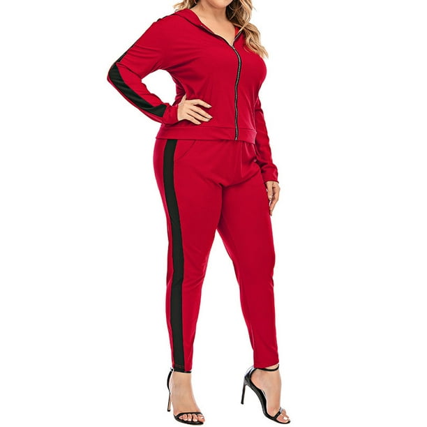 Joinnvt Women's Long Sleeve Solid Color Stripes Hooded Plus Size Tracksuit - Walmart.com