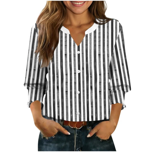 Camisas de Cuello de Tripulación de Manga Larga para Hombres 3/4 Cuarto de Manga con Cuello en V Botón Arriba Cardigan Top para la Moda Casual de Verano