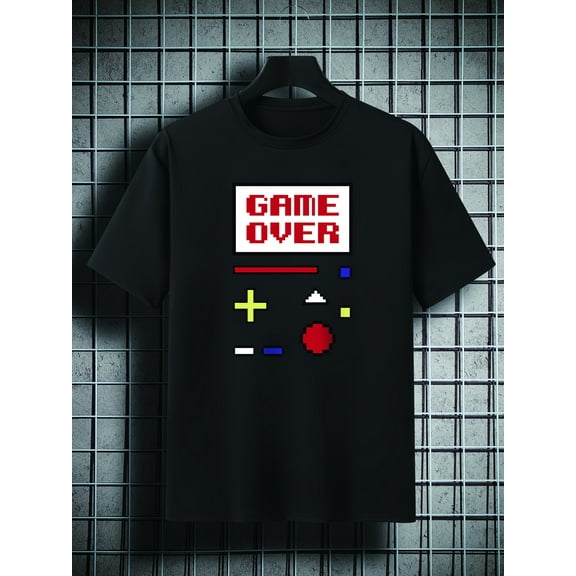 Men's Plus Size 'GAME OVER' Print Plain Color Short Sleeve Crew Neck T-shirt, Oversized Casual Clothing For Big And Tall Guys