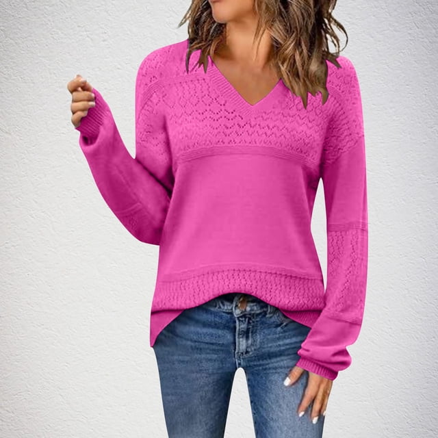 PEONAVET Chandails pour Femmes Mode Décontractée pour Femmes Couleur Unie Manches Longues Col en V Chandail en Tricot Ajouré