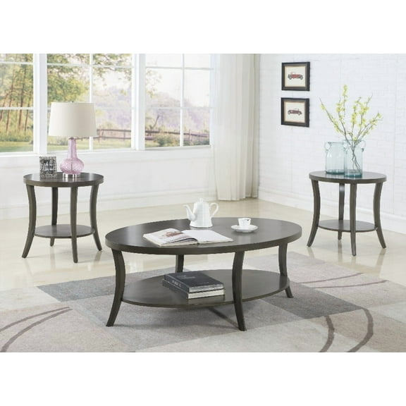 Space-Saving Gray Oval Coffee Table Set with 2 End Tables for Living Room