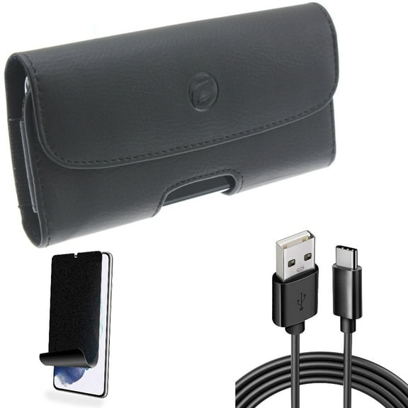 For Samsung Galaxy S21 (6.2") - Holster Leather Case Belt Clip   Charger Cord Type-C 6ft USB Cable   [Fingerprint Works] TPU Film Privacy Screen Protector