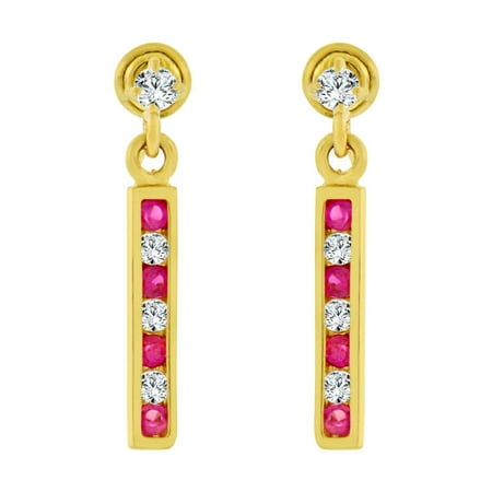 14k Yellow Gold, Small Size Drop Bar Red Created CZ Earring Screw Back