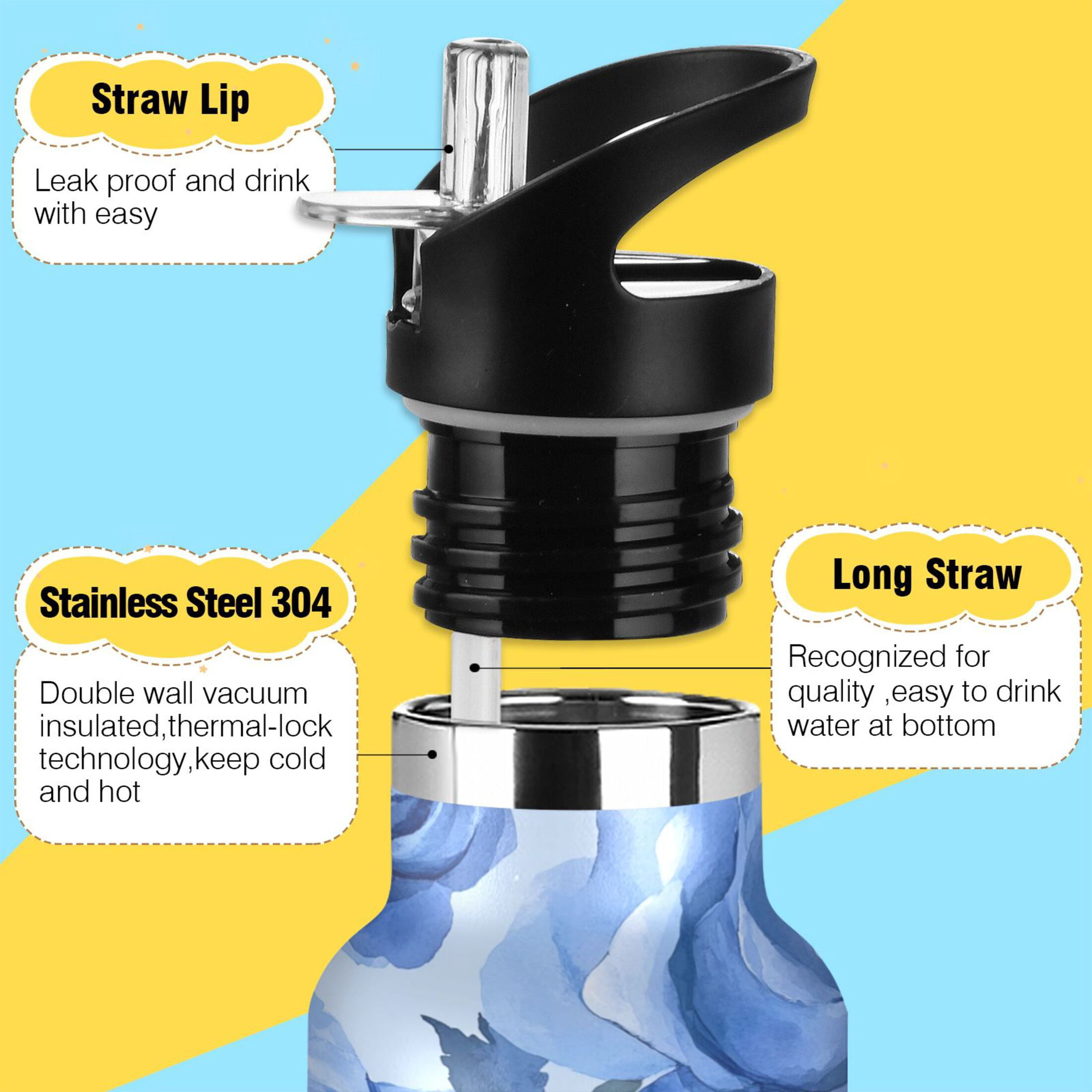 600ML Stainless Steel Insulated Cup Sports Water Bottle Portable Thermos Cup Water Glasses Insulated Tumblers Convenient and Durable Blue Roses Seamless