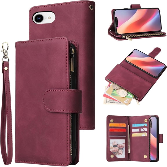 Wallet Case for iPhone 16e, Premium Vintage PU Leather Zipper Pocket Case with Card Holder Slots Magnetic Closure Kickstand Wrist Strap Shockproof Flip Folio Cover - Wine Red