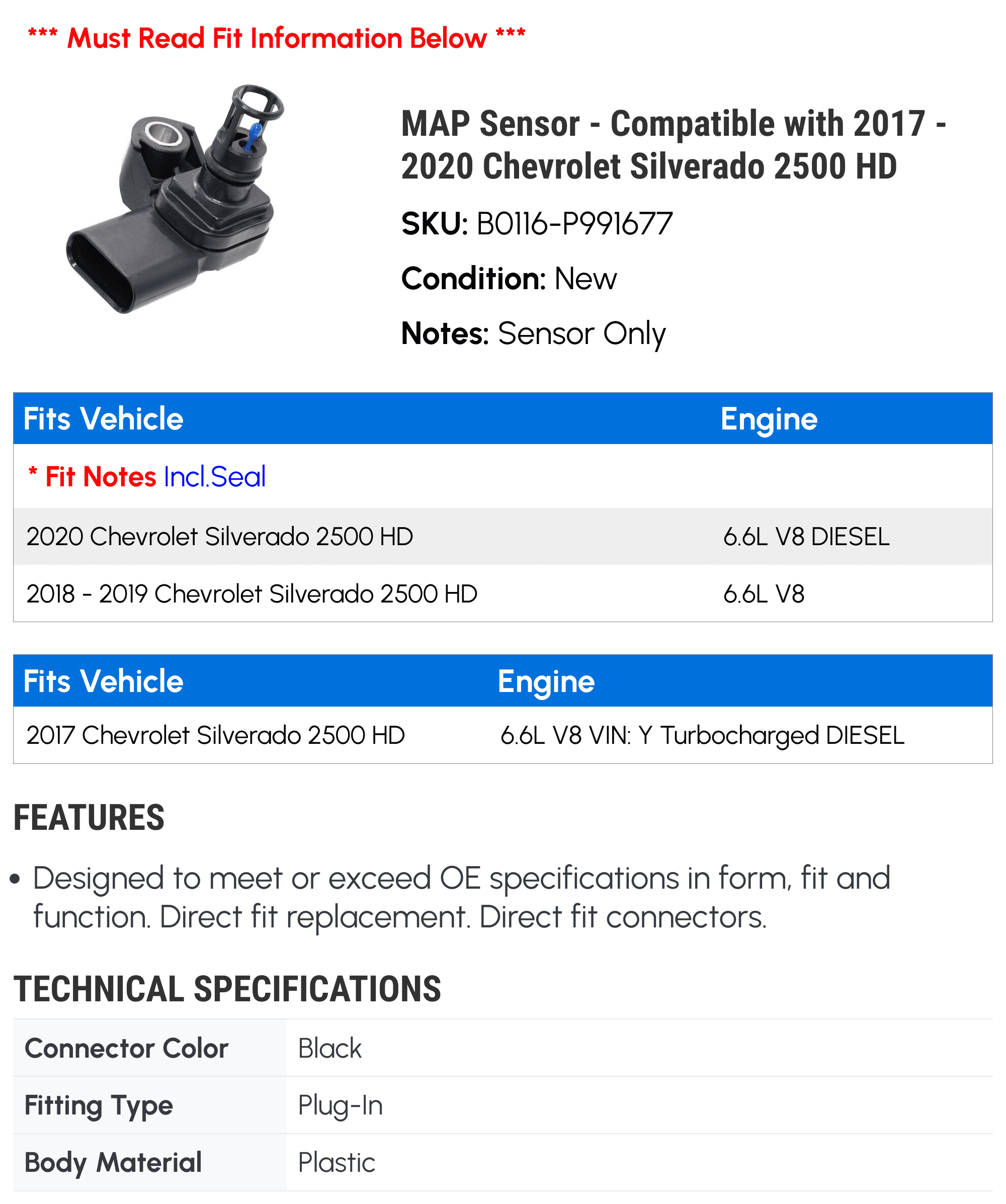 MAP Sensor - Compatible with 2017 - 2020 Chevy Silverado 2500 HD 2018 2019
